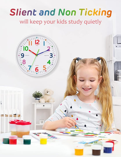 Silent Kids Wall Clock – Non-Ticking, Battery-Powered, Ideal for Teaching Time and Stylish Décor in Any Room - 8 Inch