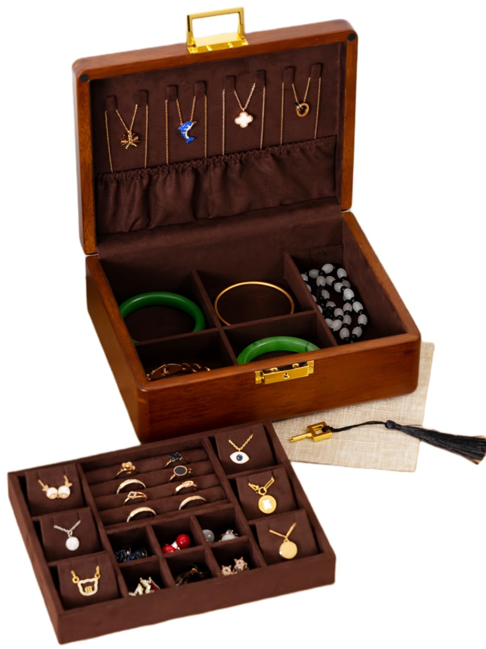 2 Layer Anti Tarnish Solid Wood Jewelry Organizer Box with Lock