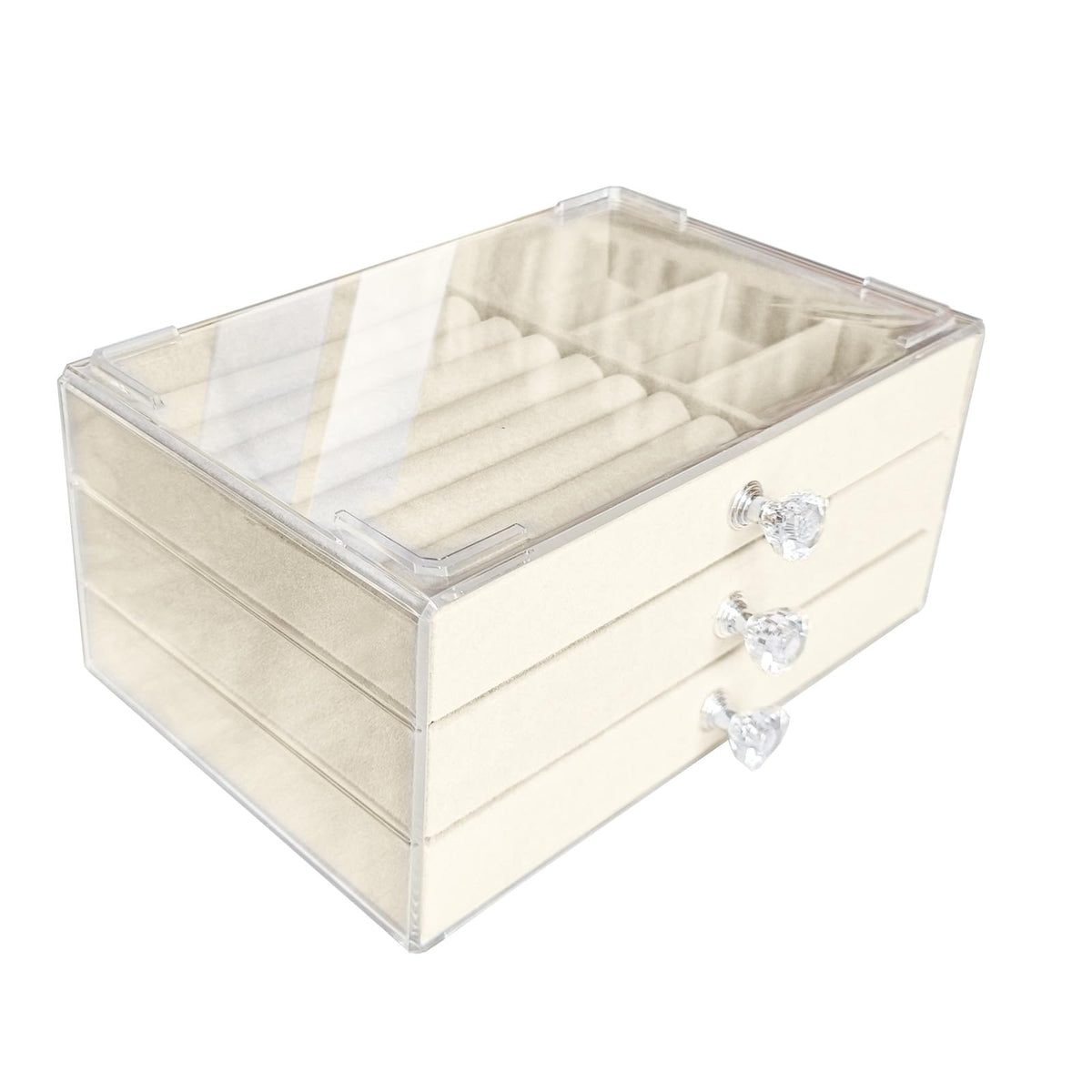 Clear Acrylic Velvet Jewelry Organizer with 3 Drawers, Stackable Display Storage Earrings Necklace Rings Bracelets Box Holder Case for Women, Pink