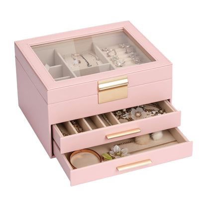 Jewelry Box for Women, 3-Layer Jewelry Box, Jewelry Organizer with Clear Glass Lid and Drawers, Jewelry Organizers and Storage for Necklaces, Rings, Earrings, Bracelets(White)