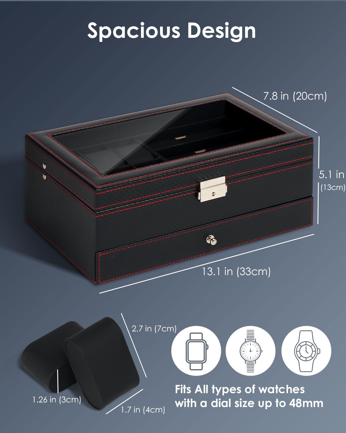 Kukikan Mens Jewelry Box Organizer, 6 Watch Slots & 3 Sunglasses -Black