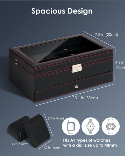 Kukikan Mens Jewelry Box Organizer, 6 Watch Slots & 3 Sunglasses -Black