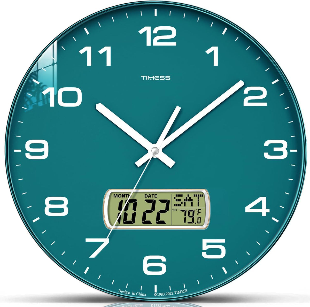 TIMESS 12-Inch Non-Ticking Analog Wall Clock with LCD Display, Blue