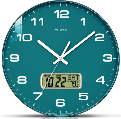 TIMESS 12-Inch Non-Ticking Analog Wall Clock with LCD Display, Blue