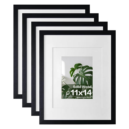 Egofine 11x14 Picture Frames 4 Pack Display Pictures 5x7/8x10 with Mat or 11x14 Without Mat Made of Solid Wood Covered by Plexiglass for Table Top Display and Wall Mounting Photo Frame, Light Brown