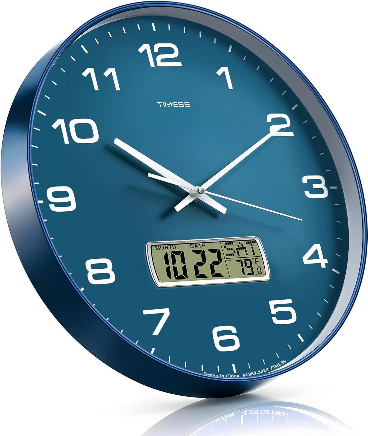 TIMESS 12-Inch Non-Ticking Analog Wall Clock with LCD Display, Blue