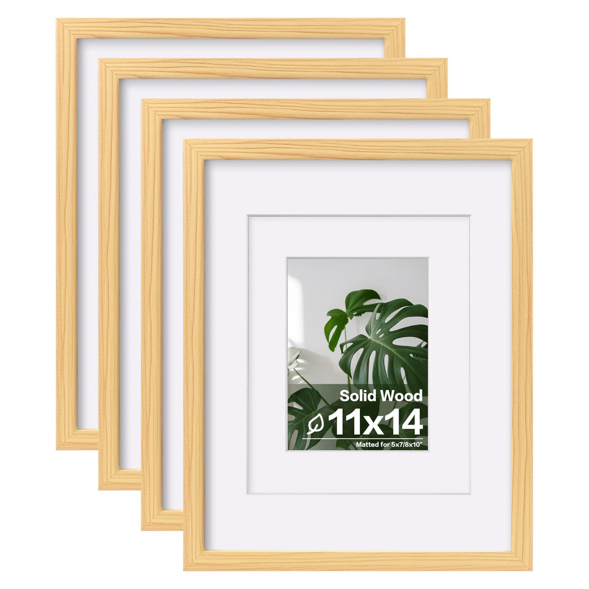 Egofine 11x14 Picture Frames 4 Pack Display Pictures 5x7/8x10 with Mat or 11x14 Without Mat Made of Solid Wood Covered by Plexiglass for Table Top Display and Wall Mounting Photo Frame, Light Brown