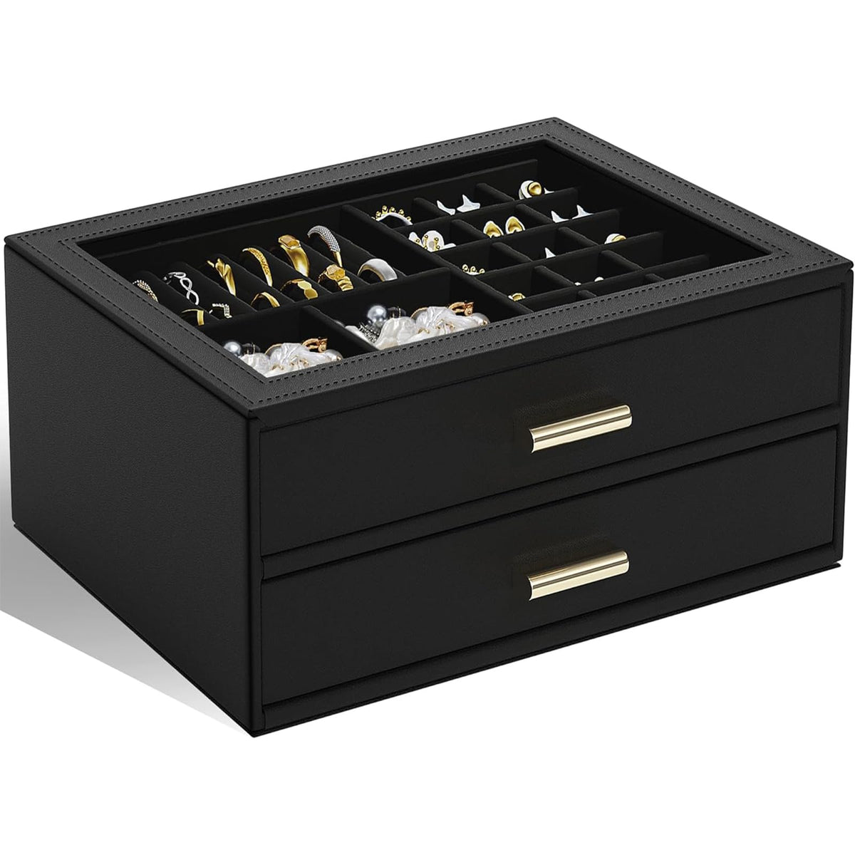 AKOZLIN Jewelry Box Organizer with Clear Lid 2 Drawers Black