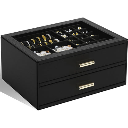 AKOZLIN Jewelry Box Organizer with Clear Lid 2 Drawers Black