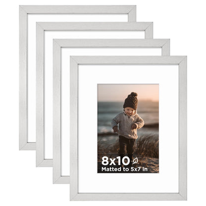 KINLINK 5x7 Picture Frame White Set of 4, Wooden Photo Frames Matted 4x6 with Plexiglass for 4x6 with Mat or 5x7 without Mat for Table and Wall Display