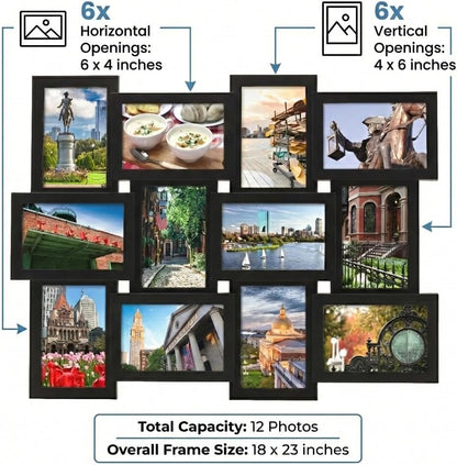 MELANNCO Collage Picture Frame 18x23 Inch Black - Holds 12 Photos in 4x6 and 6x4 Formats - Wall Display for Home Decor, Horizontal or Vertical Hanging