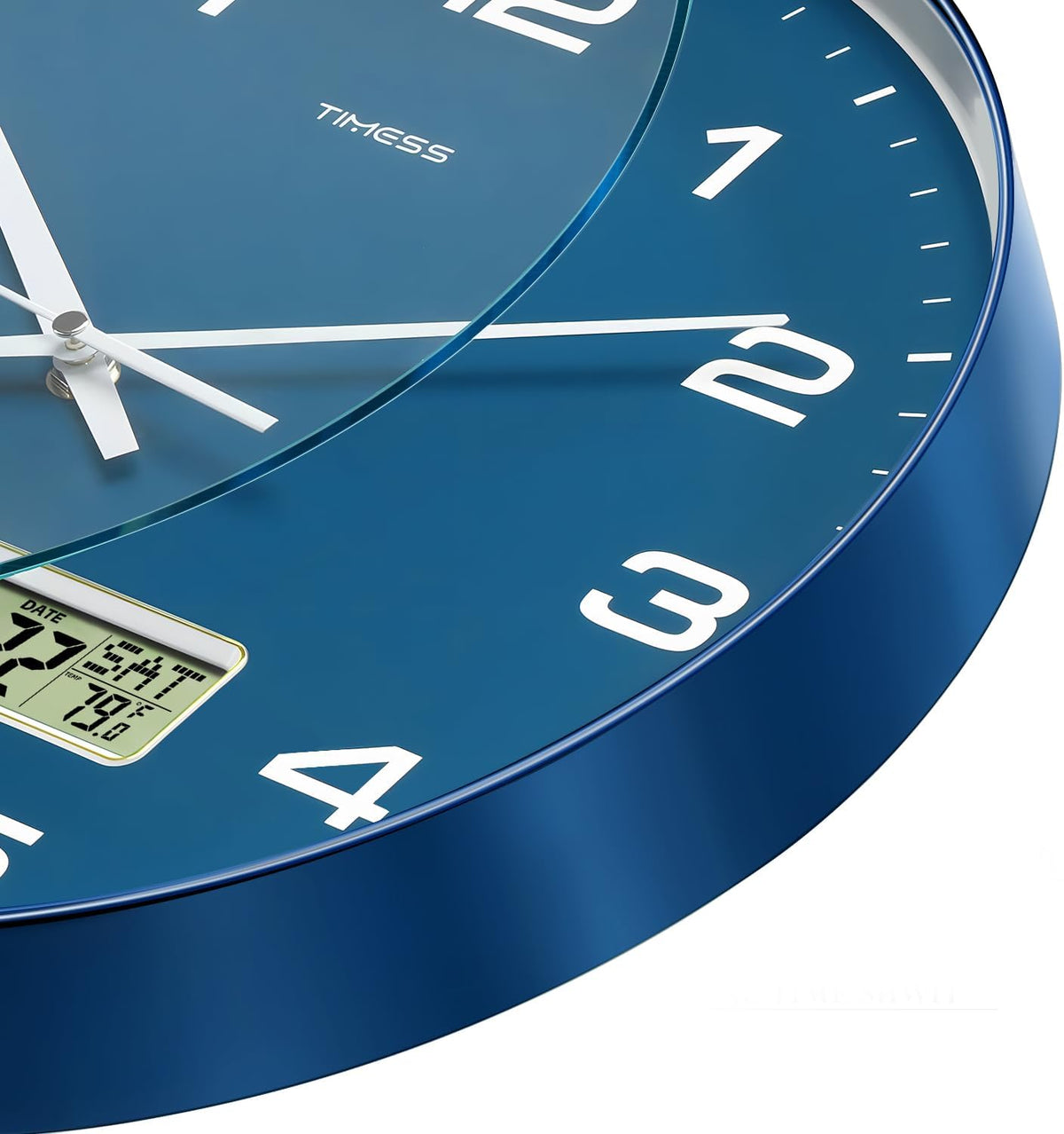 TIMESS 12-Inch Non-Ticking Analog Wall Clock with LCD Display, Blue