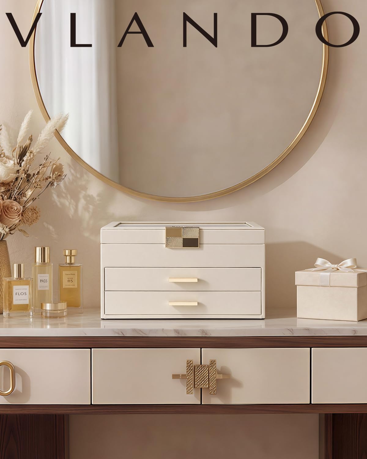 VLANDO Jewelry Box Organizer, 3-Layer Storage with Glass Window