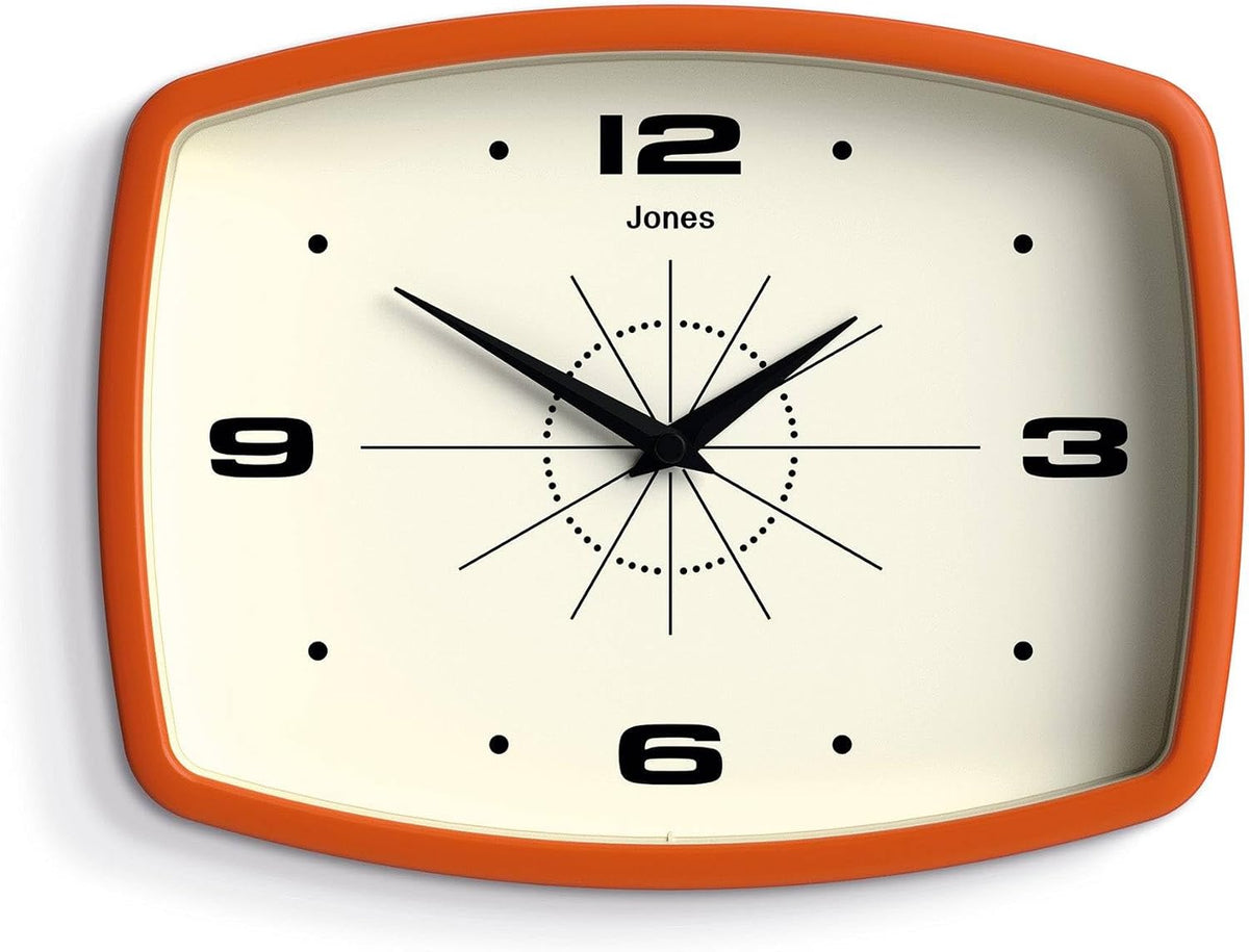 JONES CLOCKS® Movie wall Clock | Rectangular Retro Clock | 10" | Orange