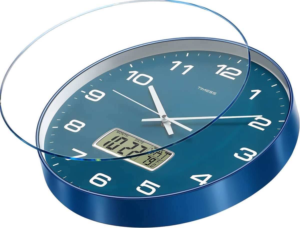 TIMESS 12-Inch Non-Ticking Analog Wall Clock with LCD Display, Blue