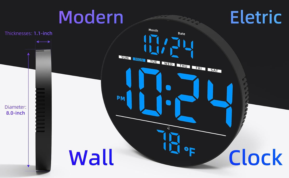 Digital Wall Clock with Large LED Display, Date, Temperature, Auto-Brightness | Small [PLUG-IN] Clock | Modern Electric Wall Clock for Bedroom, Classroom, Living Room, Home, Office, Farmhouse - Blue