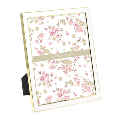 Laura Ashley 4x6 White Enamel Picture Frame, Gold Metal Edge w/Easel