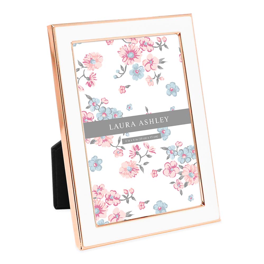 Laura Ashley 4x6 White Enamel Picture Frame, Gold Metal Edge w/Easel