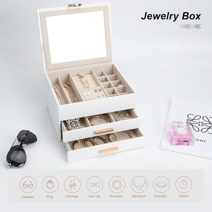Jewelry Storage Box for 150+ Items - Features a Mirror, Smooth Gliding Drawers, and Non-Slip Earring Pads for Maximum Organization White