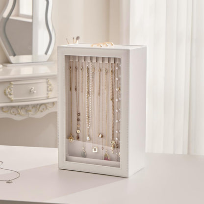 Lolalet Necklace Organizer Box, Jewelry Display Case, White, 3 Layers