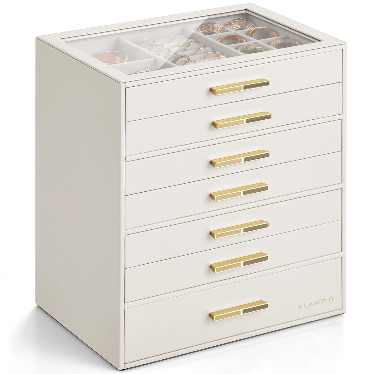 VLANDO Jewelry Box Organizer, 3-Layer Storage Drawers, Glass Window, Modern