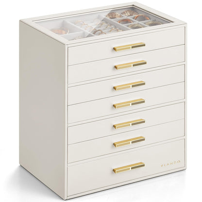 VLANDO Jewelry Box Organizer, 3-Layer Storage Drawers, Glass Window, Modern