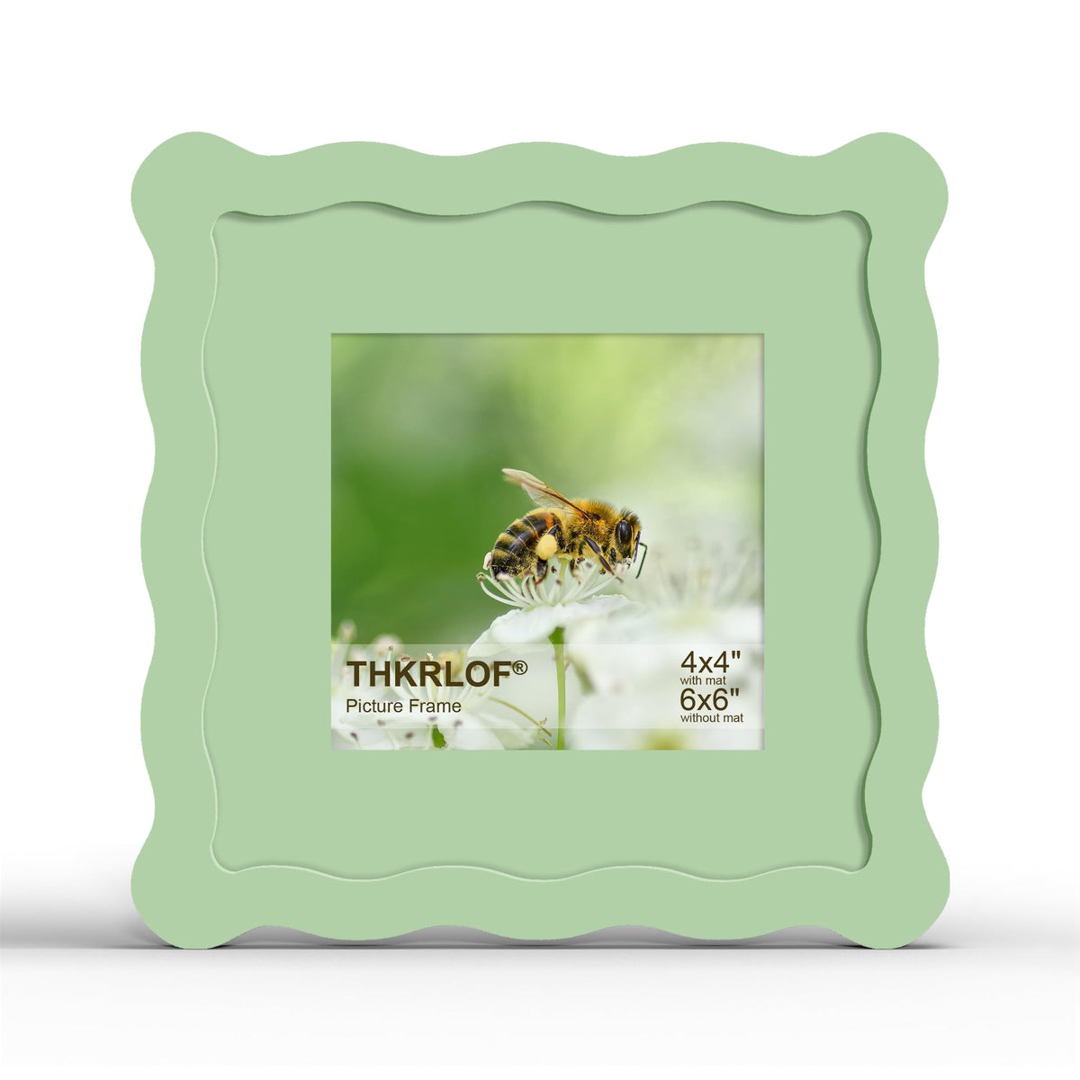 4x6 Picture Frame with Mat for 3.5x5, Wavy Edge Wooden Real Glass Photo Frame for Tabletop and Wall Hanging, Green, 1 Pack