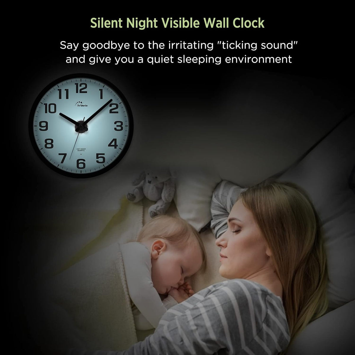 WallarGe Night Light Wall Clock for Bedroom, 12 Inch