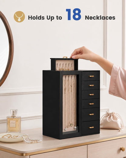 Lolalet Large Jewelry Box Organizer for Women, PU Leather Jewelry Case with Necklace Holder & Multiple Drawers, Tabletop Dresser Storage for Earrings Rings Chains, Gift for Girls -M, Black