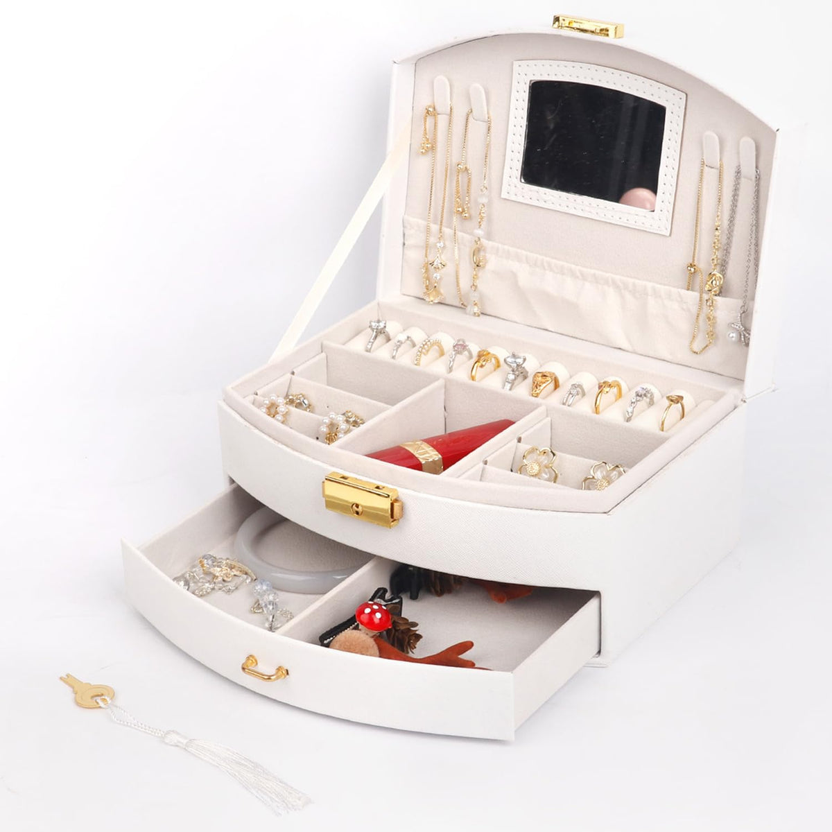 Jewelry Boxes for Women Girl Large PU Leather Jewelry Organizer Box with Lock Jewelry Organizers and Storage Case with Two drawers Display for Earrings Bracelets Rings Watches