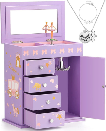 Jewelry Box for Girls 5-Layer with Swing Door Spinning Ballerina Unicorn &Castle Design Unicorn Jewelry Set Included Kids Music Box for Little Girls Birthday Christmas Gift (White)