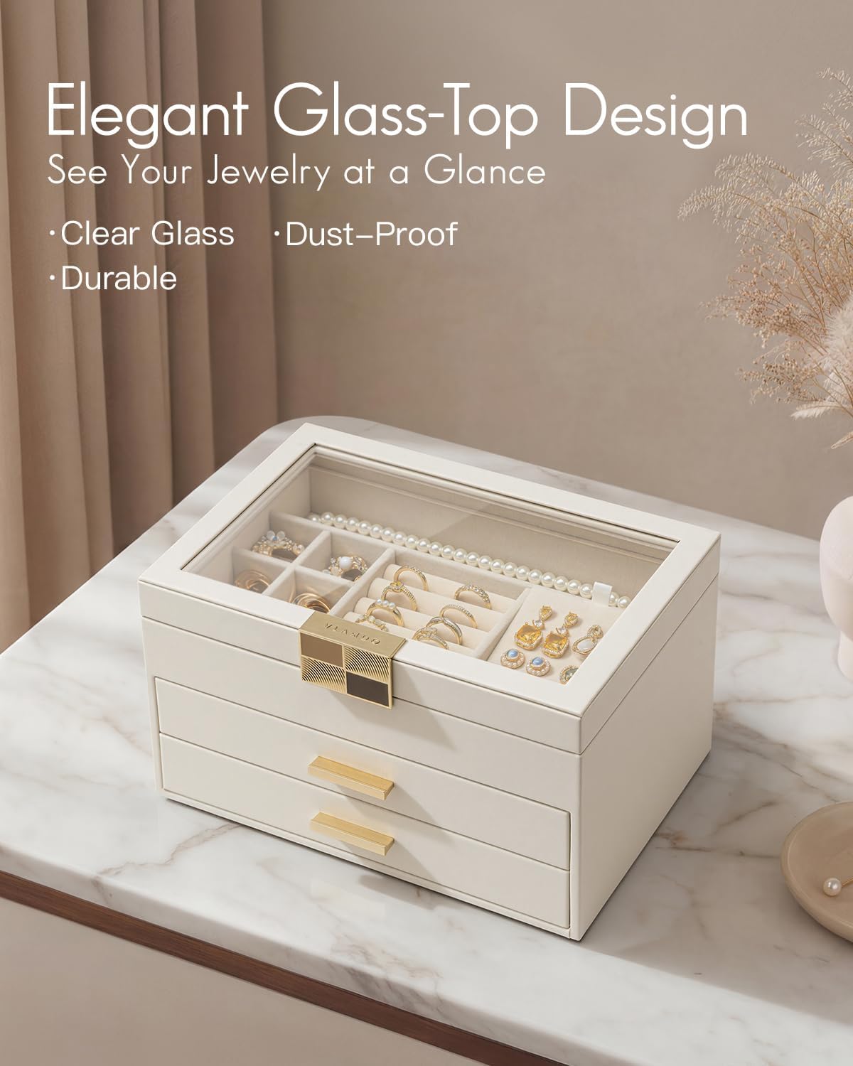 VLANDO Jewelry Box Organizer, 3-Layer Storage with Glass Window