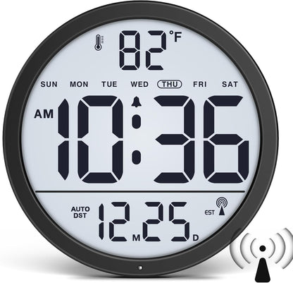 WallarGe Backlit Atomic Clock, Self-Setting Digital Wall Clock, 8"