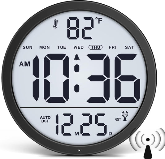 WallarGe Backlit Atomic Clock, Self-Setting Digital Wall Clock, 8"