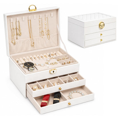 Jewelry Boxes for Women Girl Large PU Leather Jewelry Organizer Box with Lock Jewelry Organizers and Storage Case with Two drawers Display for Earrings Bracelets Rings Watches