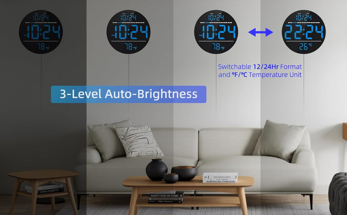 Digital Wall Clock with Large LED Display, Date, Temperature, Auto-Brightness | Small [PLUG-IN] Clock | Modern Electric Wall Clock for Bedroom, Classroom, Living Room, Home, Office, Farmhouse - Blue