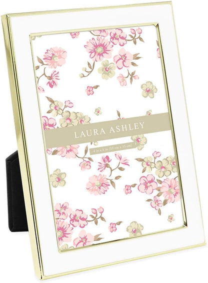 Laura Ashley 4x6 White Enamel Picture Frame, Gold Metal Edge w/Easel