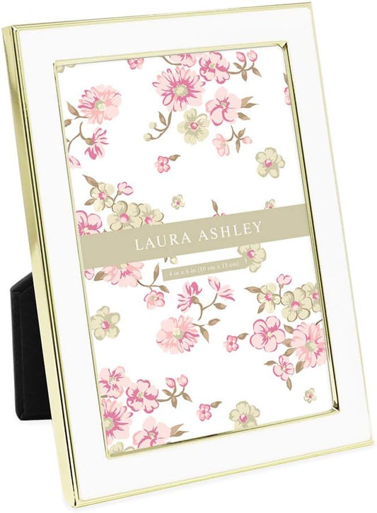 Laura Ashley 4x6 White Enamel Picture Frame, Gold Metal Edge w/Easel
