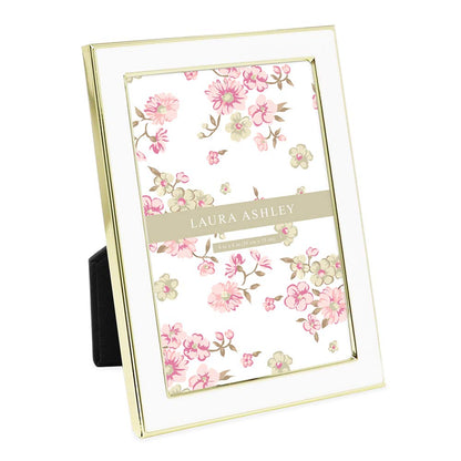 Laura Ashley 4x6 White Enamel Picture Frame, Gold Metal Edge w/Easel