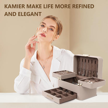 KAMIER Jewelry Box, 3 Layers Jewelry Organizer with Drawers, PU Leather Jewelry Storage Organizer for Earring, Ring, Necklace, Bracelets, Christmas Gift, Bluish Grey