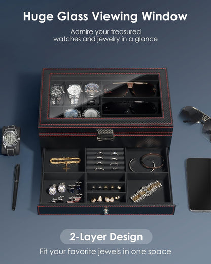 Kukikan Mens Jewelry Box Organizer, 6 Watch Slots & 3 Sunglasses -Black