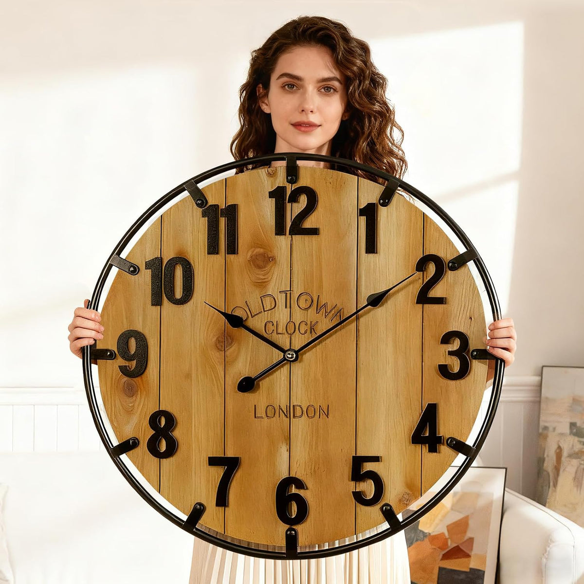 Vantic Farmhouse 30 Inch Wood Arabic Large Wall Clock with Metal Circle