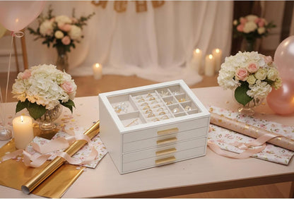 Vlando 4-Drawer Jewelry Box Organizer with Glass Lid, White