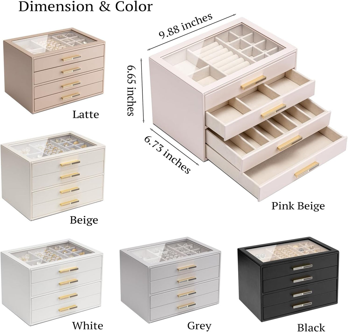 Vlando 4-Drawer Jewelry Box Organizer with Glass Lid, White