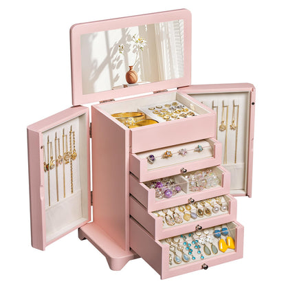 Jewelry Box for Women，Wooden Jewelry Box with 4 Clear Drawers Rustic Brown