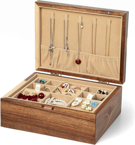 Acacia Wood Jewelry Box with Hinged Lid and Removable Velvet Tray