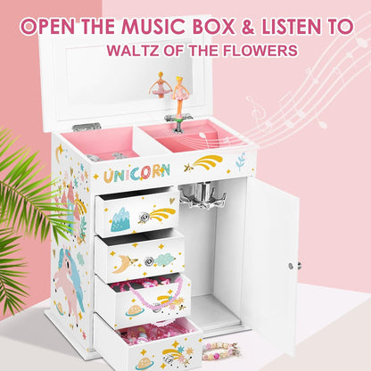 Jewelry Box for Girls 5-Layer with Swing Door Spinning Ballerina Unicorn &Castle Design Unicorn Jewelry Set Included Kids Music Box for Little Girls Birthday Christmas Gift (White)
