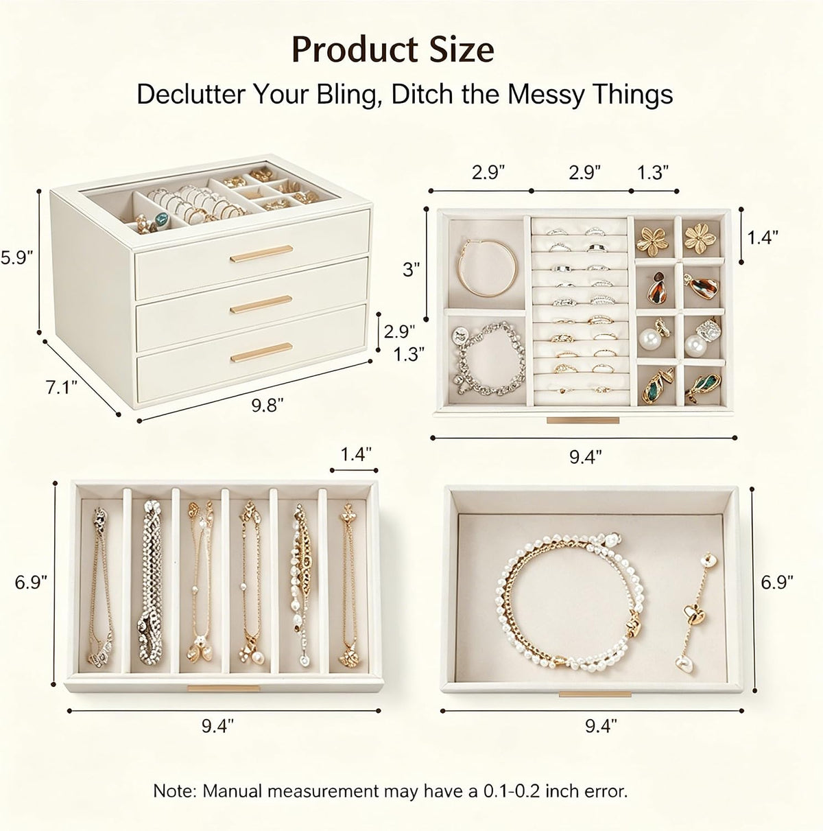GUOER Jewelry Box for Women, Glass Lid Jewelry Organizer with 3 Drawers PU Jewelry Storage Case for Necklaces Rings Earrings Bracelets, Mother's Day, White