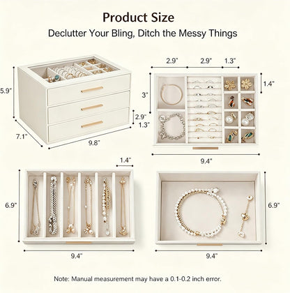 GUOER Jewelry Box for Women, Glass Lid Jewelry Organizer with 3 Drawers PU Jewelry Storage Case for Necklaces Rings Earrings Bracelets, Mother's Day, White