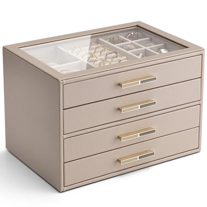 VLANDO Jewelry Box Organizer, 3-Layer Storage Drawers, Glass Window, Modern
